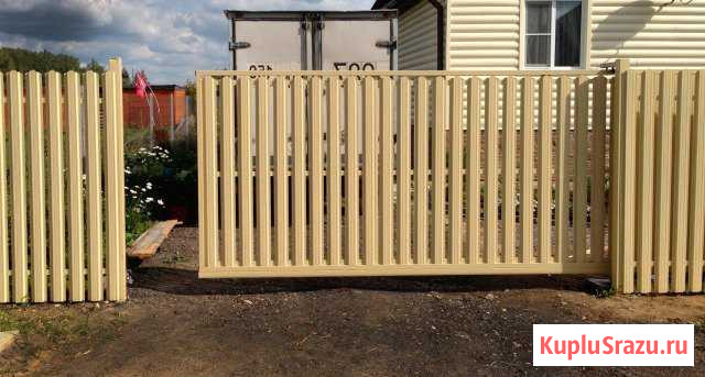 Забор из профнастила- штакетника-откатные ворота Чехов - изображение 1