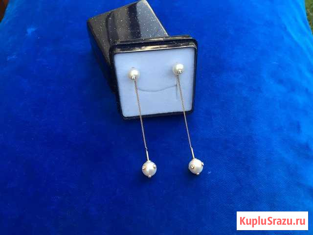 Золотые сережки с жемчугом и фианитами б/у Гусев - изображение 1