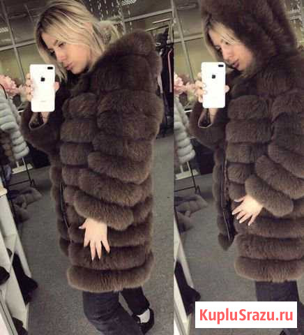 Шуба с капюшоном из песца. Арт: 3708 Кызыл - изображение 1