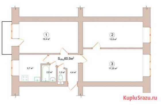 3-к квартира, 60.5 кв.м., 3/5 эт. Чкаловск