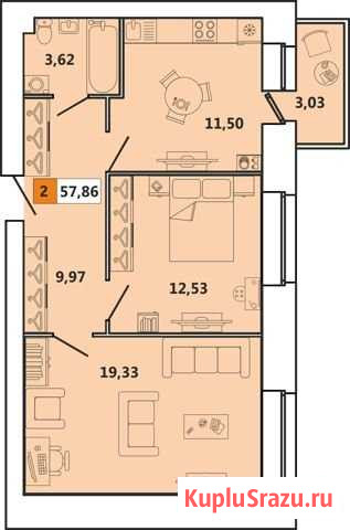 2-к квартира, 58 кв.м., 5/5 эт. Северодвинск - изображение 1