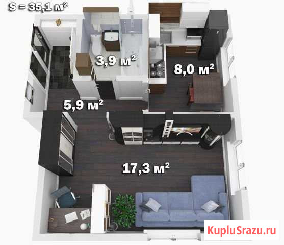 1-к квартира, 35.1 кв.м., 1/2 эт. Коряжма - изображение 1