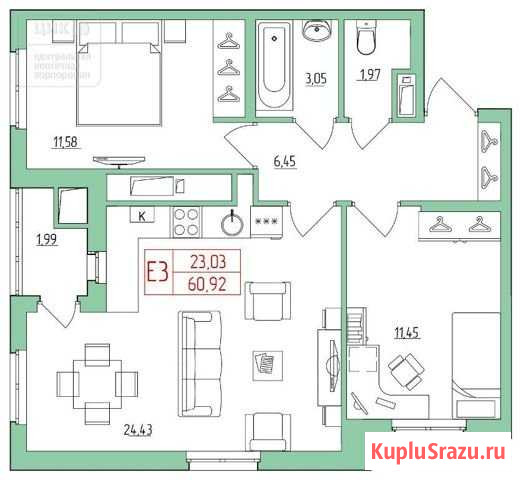 2-комнатная квартира, 60.9 м², 7/26 эт. на продажу в Рязани Рязань - изображение 3