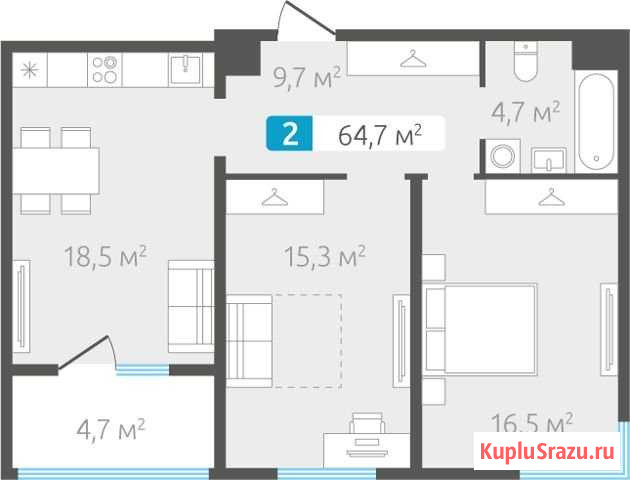2-комнатная квартира, 64.7 м², 3/4 эт. на продажу в Тюмени Тюмень - изображение 1