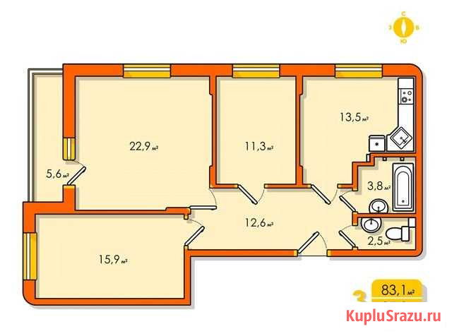 3-комнатная квартира, 85.3 м², 5/8 эт. на продажу в Туле Тула - изображение 1