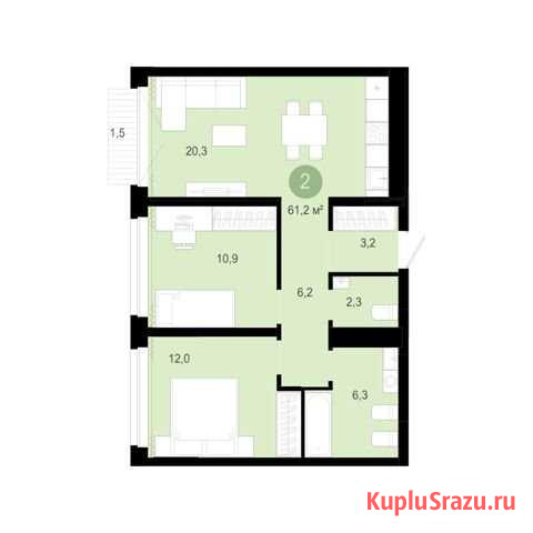 2-комнатная квартира, 62.7 м², 2/10 эт. на продажу в Тюмени Тюмень - изображение 1