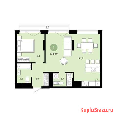 1-комнатная квартира, 63.5 м², 2/12 эт. на продажу в Тюмени Тюмень - изображение 1