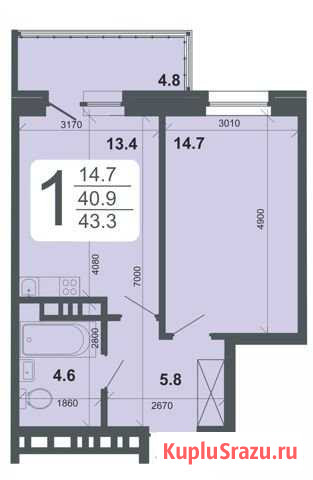 1-комнатная квартира, 43.3 м², 17/18 эт. на продажу в Иркутске Иркутск - изображение 2