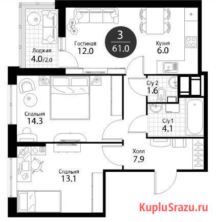 3-комнатная квартира, 61 м², 25/25 эт. на продажу в Красногорске Московской области Красногорск - изображение 2
