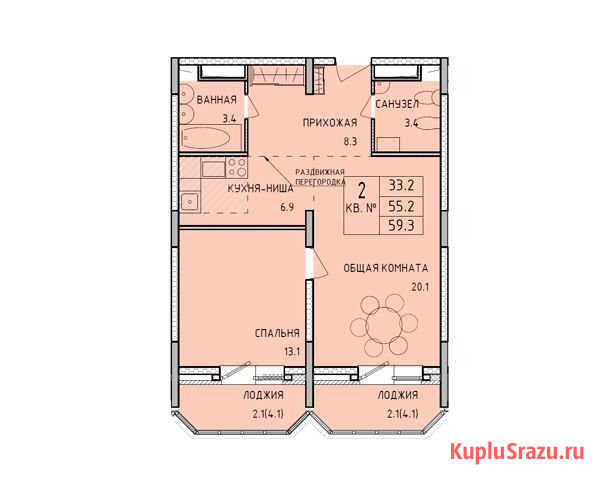 2-комнатная квартира, 59.4 м², 6/14 эт. на продажу в Туле Тула - изображение 1