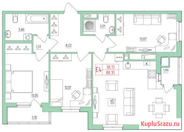 3-комнатная квартира, 88.1 м², 10/26 эт. на продажу в Рязани Рязань - изображение 1