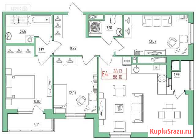 3-комнатная квартира, 88.1 м², 5/26 эт. на продажу в Рязани Рязань - изображение 3