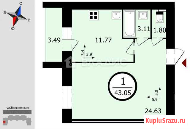 1-комнатная квартира, 43.1 м², 7/9 эт. на продажу во Владимире Владимир - изображение 1
