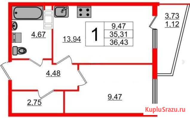 1-комнатная квартира, 35.3 м², 7/24 эт. на продажу в Мурино Мурино - изображение 1