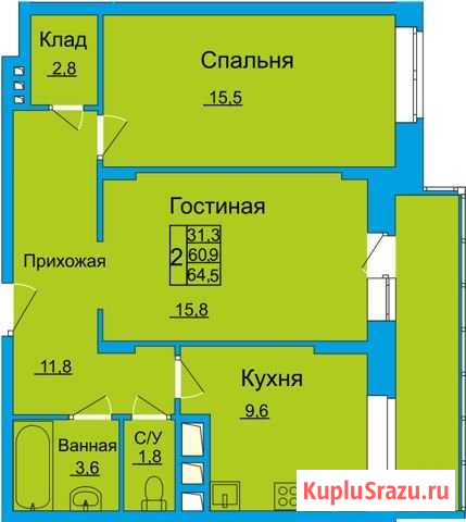 2-комнатная квартира, 64.5 м², 12/15 эт. на продажу в Туле Тула - изображение 1