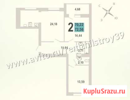 2-комнатная квартира, 72.3 м², 4/9 эт. на продажу в Калининграде Калининград - изображение 2