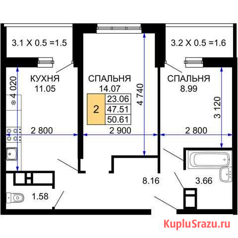 2-комнатная квартира, 50.6 м², 12/24 эт. на продажу в Краснодаре Краснодар - изображение 1