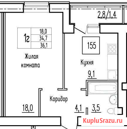 1-комнатная квартира, 34.7 м², 3/9 эт. на продажу в Смышляевке Смышляевка - изображение 1