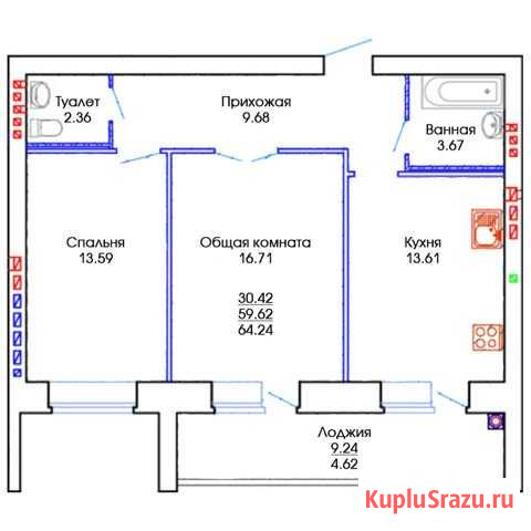 2-комнатная квартира, 64.2 м², 3/3 эт. на продажу в Медведево Медведево - изображение 1