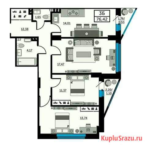 3-комнатная квартира, 76.1 м², 10/26 эт. на продажу в Ростове-на-Дону Ростов-на-Дону - изображение 1