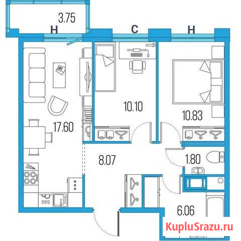2-комнатная квартира, 54.5 м², 21/22 эт. на продажу в Санкт-Петербурге Санкт-Петербург - изображение 1