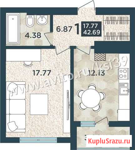 1-комнатная квартира, 42.7 м², 11/13 эт. на продажу в Калининграде Калининград - изображение 1