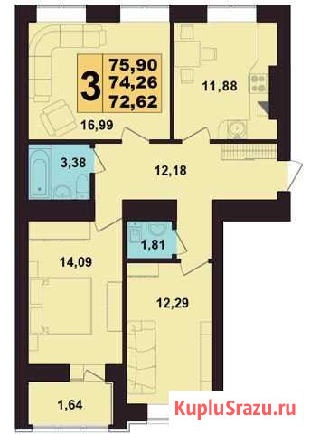 3-комнатная квартира, 74 м², 8/10 эт. на продажу в Калининграде Калининград - изображение 1