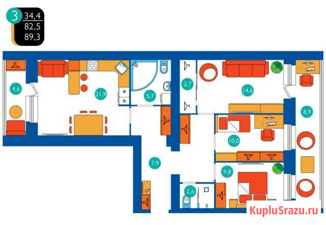 3-комнатная квартира, 89.3 м², 1/14 эт. на продажу в Брянске Брянск - изображение 1