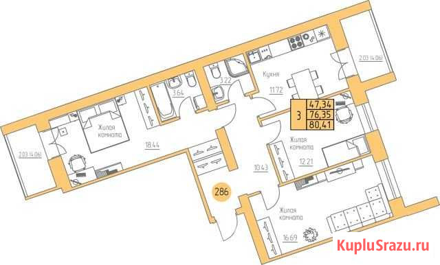 3-комнатная квартира, 80.4 м², 5/9 эт. на продажу в Ижевске Ижевск - изображение 1