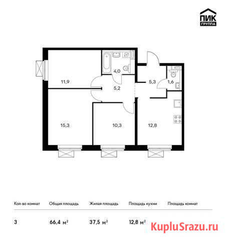 3-комнатная квартира, 66.4 м², 5/25 эт. на продажу в Видном Видное - изображение 1