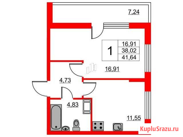 1-комнатная квартира, 41.6 м², 13/21 эт. на продажу в Санкт-Петербурге Санкт-Петербург - изображение 1
