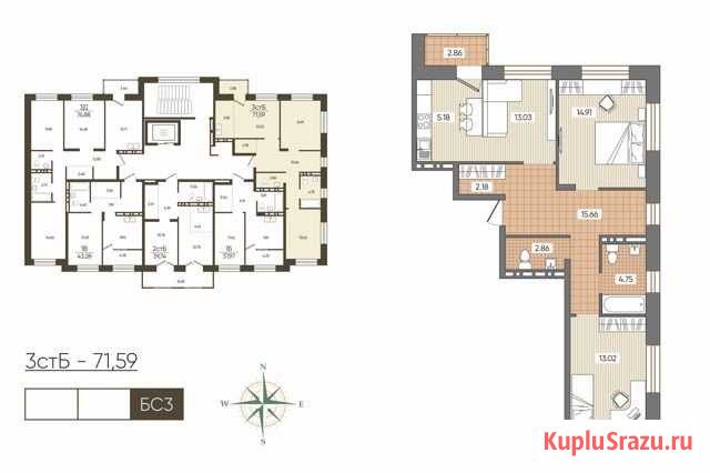 3-комнатная квартира, 71.6 м², 3/10 эт. на продажу в Новосибирске Новосибирск - изображение 1