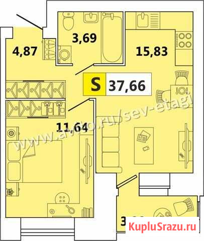 1-комнатная квартира, 37.7 м², 8/11 эт. на продажу в Северодвинске Северодвинск - изображение 1