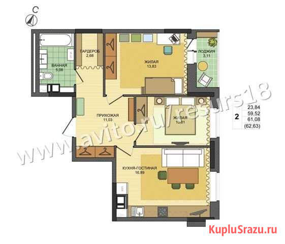 3-комнатная квартира, 61.1 м², 14/17 эт. на продажу в Ижевске Ижевск - изображение 1