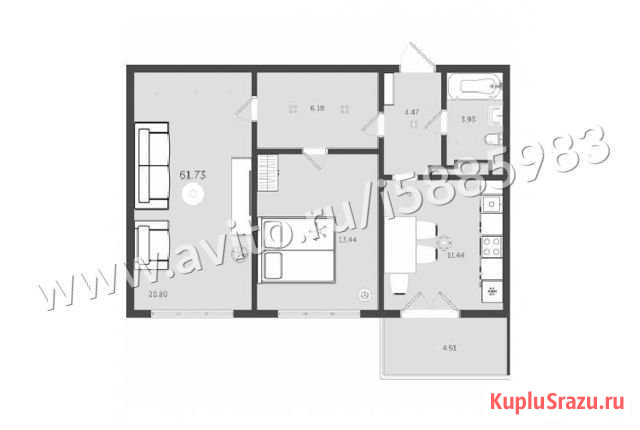 2-комнатная квартира, 61.7 м², 7/17 эт. на продажу в Отрадном Воронежской области Отрадное - изображение 1