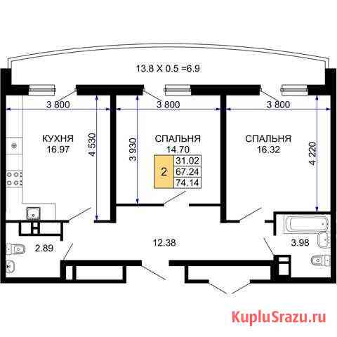 2-комнатная квартира, 74.1 м², 24/24 эт. на продажу в Краснодаре Краснодар