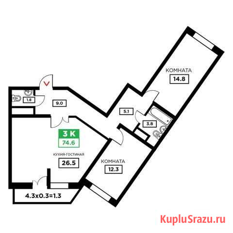 3-комнатная квартира, 74.6 м², 16/24 эт. на продажу в Краснодаре Краснодар - изображение 1