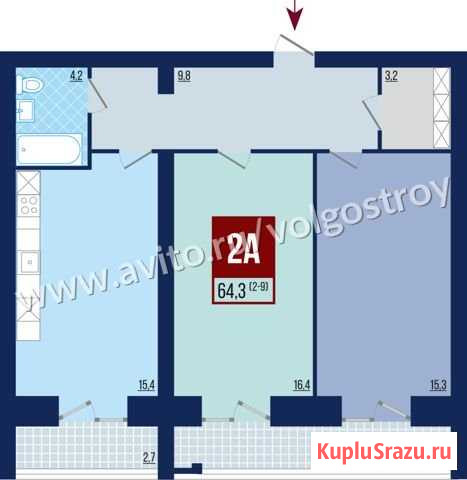 2-комнатная квартира, 64.3 м², 8/9 эт. на продажу в Волгограде Волгоград - изображение 1