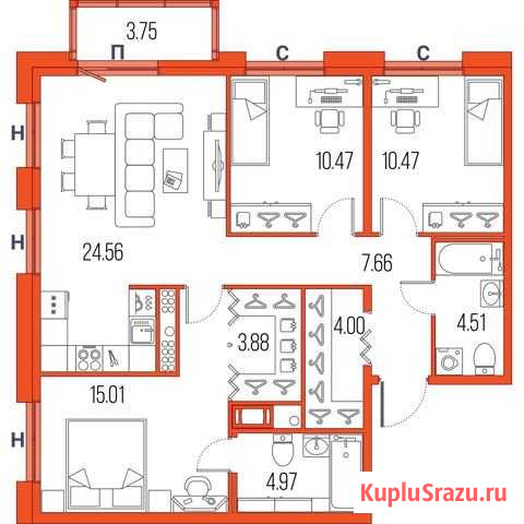 3-комнатная квартира, 85.2 м², 2/22 эт. на продажу в Санкт-Петербурге Санкт-Петербург - изображение 1
