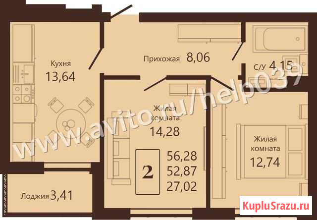 2-комнатная квартира, 56.3 м², 4/10 эт. на продажу в Калининграде Калининград - изображение 1