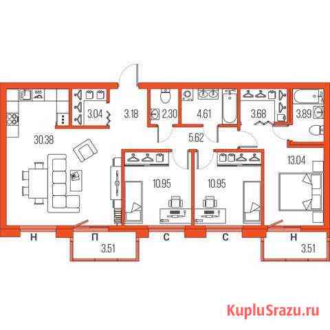 3-комнатная квартира, 91.6 м², 5/22 эт. на продажу в Санкт-Петербурге Санкт-Петербург