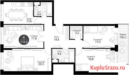 4-комнатная квартира, 116.2 м², 4/24 эт. на продажу в Москве Москва - изображение 1