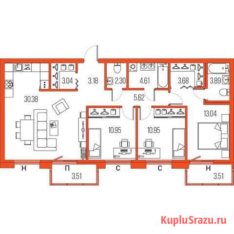 3-комнатная квартира, 91.6 м², 10/22 эт. на продажу в Санкт-Петербурге Санкт-Петербург - изображение 1