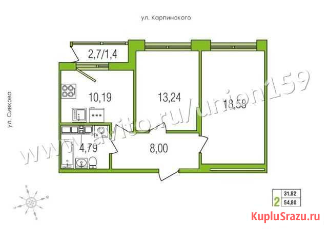 2-комнатная квартира, 56.2 м², 3/8 эт. на продажу в Перми Пермь - изображение 1