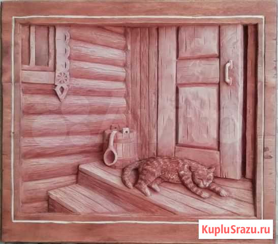 Резная картина из дерева Кот на крыльце Олонец - изображение 1