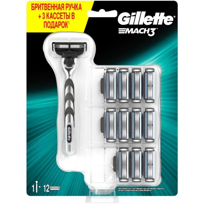 Многоразовый бритвенный станок Gillette Mach3, 12 кассет, бирюзовый, 12 шт.  - изображение 1