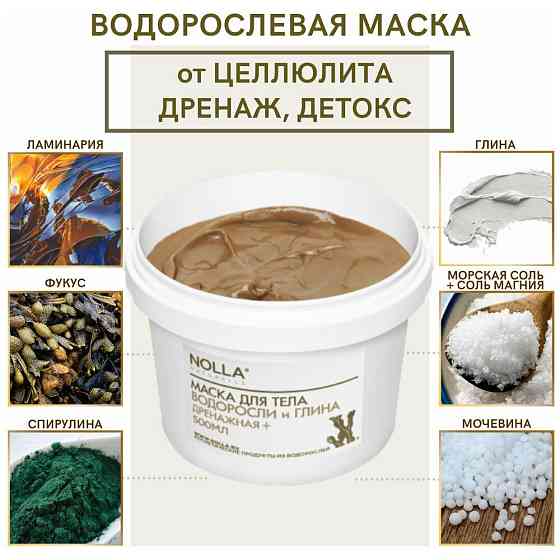 NOLLA naturelle Маска для тела ДРЕНАЖНАЯ+ водоросли и глина. Антицеллюлит, дренаж, детокс. Против от 