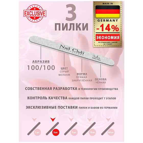 Nail Club professional Маникюрная пилка для опила ногтей серия Salon, форма узкая прямая, абразив 10 