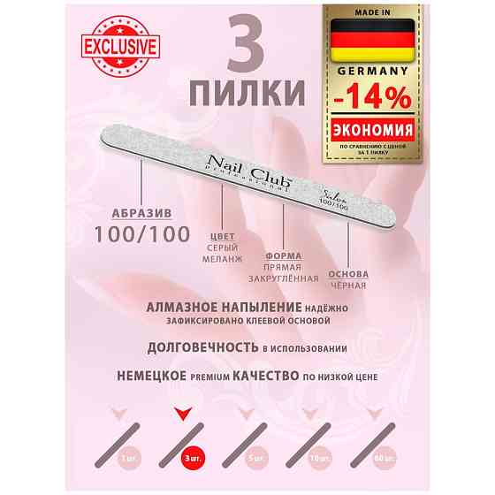 Nail Club professional Маникюрная пилка для опила ногтей серия Salon, форма узкая прямая, абразив 10 