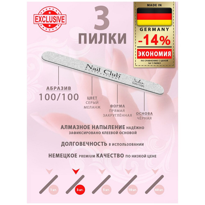 Nail Club professional Маникюрная пилка для опила ногтей серия Salon, форма узкая прямая, абразив 10  - изображение 2